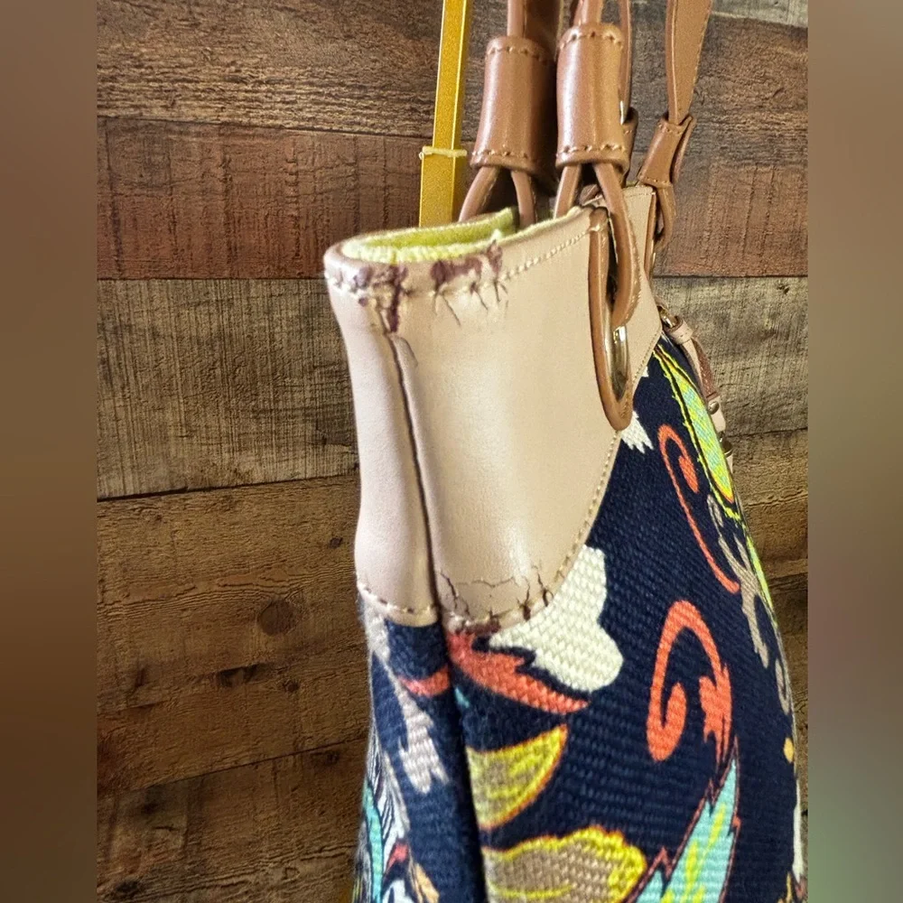 Spartina 449 Daufuskie Island Amelia Linen Leather Satchel Handbag Blue Floral